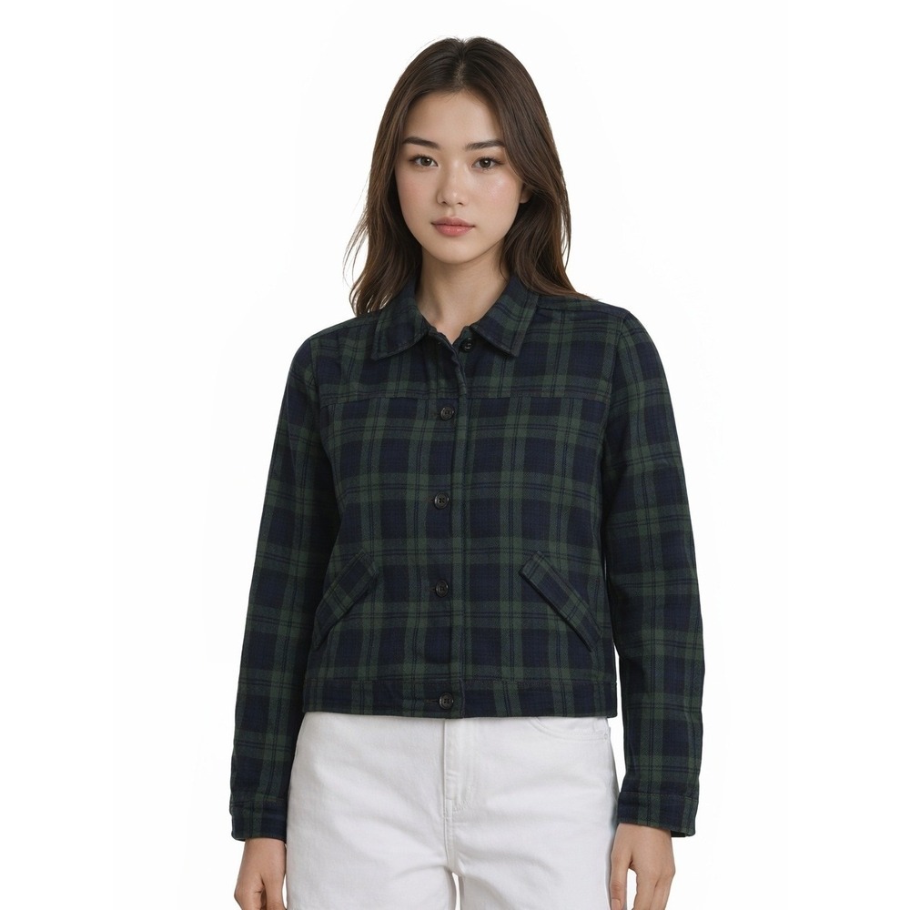 Levi's Trucker Crop Jacket Women's Size Large Green Navy Blackwatch Plaid Coat